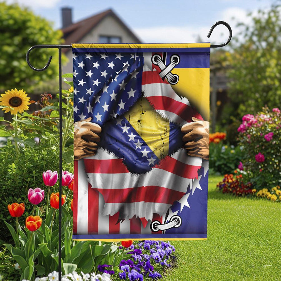 Bosnian American Garden Flag | Ripped USA Flag Heritage Design | Double-Sided Weather Resistant Fabric | Patriotic Yard Decor Gift for Bosnians