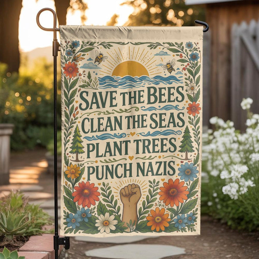 Save The Bees Garden Flag | Retro Activist Quote & Floral Art | Premium Double-Sided Fabric | Environmentalist Yard Decor Gift