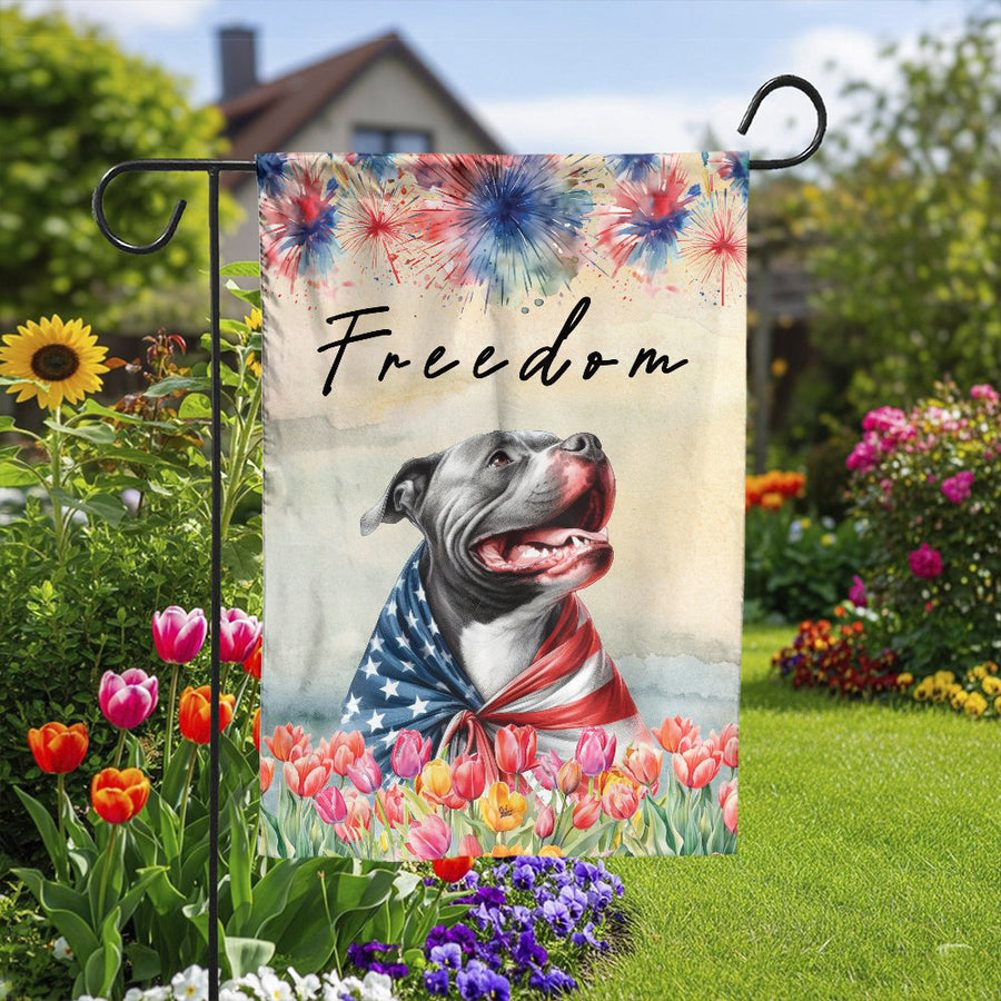 Patriotic Pitbull Garden Flag | Watercolor American Flag Dog Art | Double Sided Polyester | Memorial Day & 4th of July Decor Gift for Dog Lovers