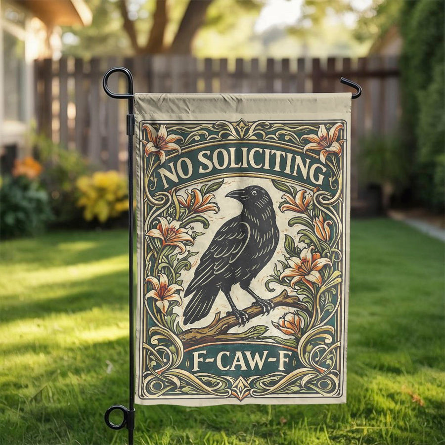 No Soliciting Garden Flag | Funny Crow Art Nouveau Design | Double Sided Polyester | Unique F-Caw-F Porch & Yard Decor Gift