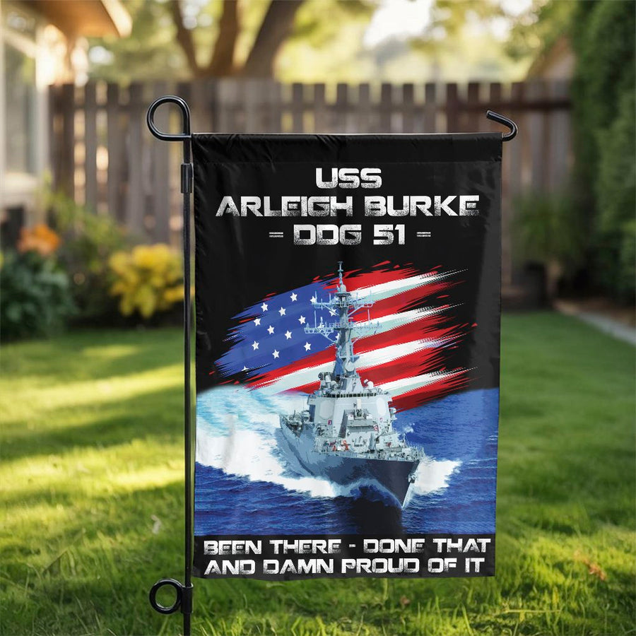 USS Arleigh Burke DDG 51 Garden Flag | Patriotic Navy Destroyer Design | Double Sided Weatherproof Banner | Gift for US Navy Veteran