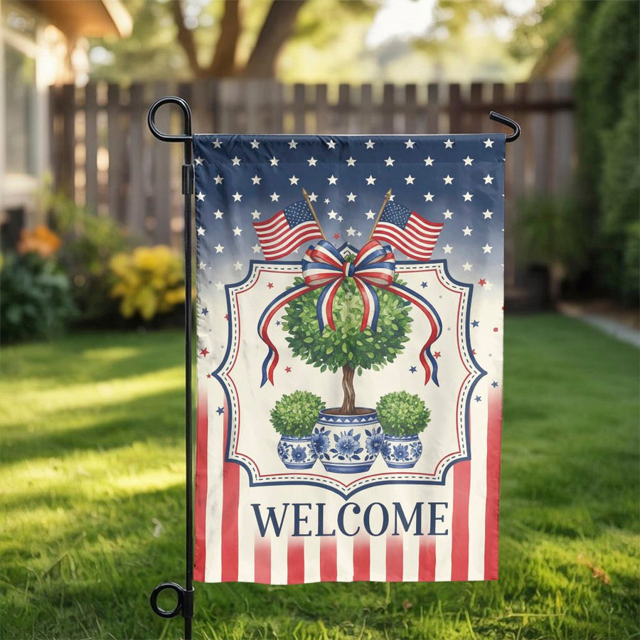 Patriotic Welcome Garden Flag | Stars and Stripes Topiary Design | Double Sided Weather Resistant | 4th of July Memorial Day Outdoor Decor