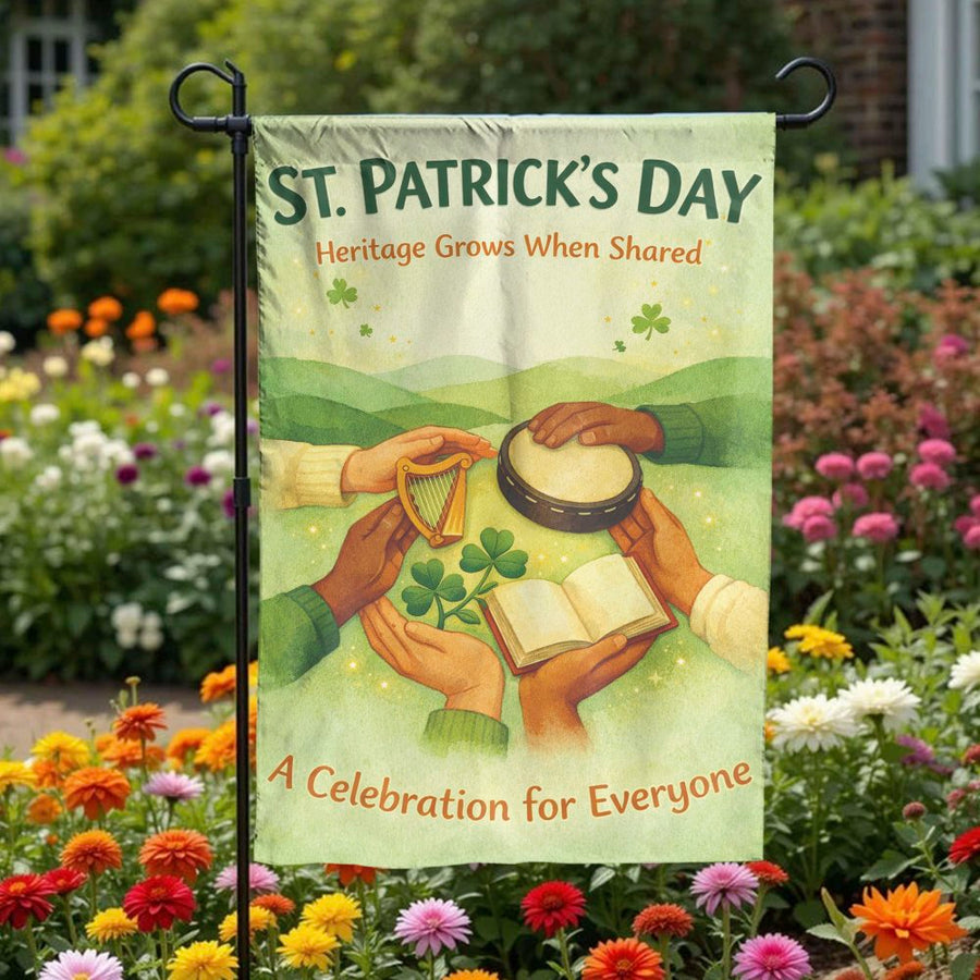St. Patrick's Day Garden Flag | Inclusive Irish Heritage Design | Double-Sided Polyester Fabric | Seasonal Outdoor Yard Decor Gift