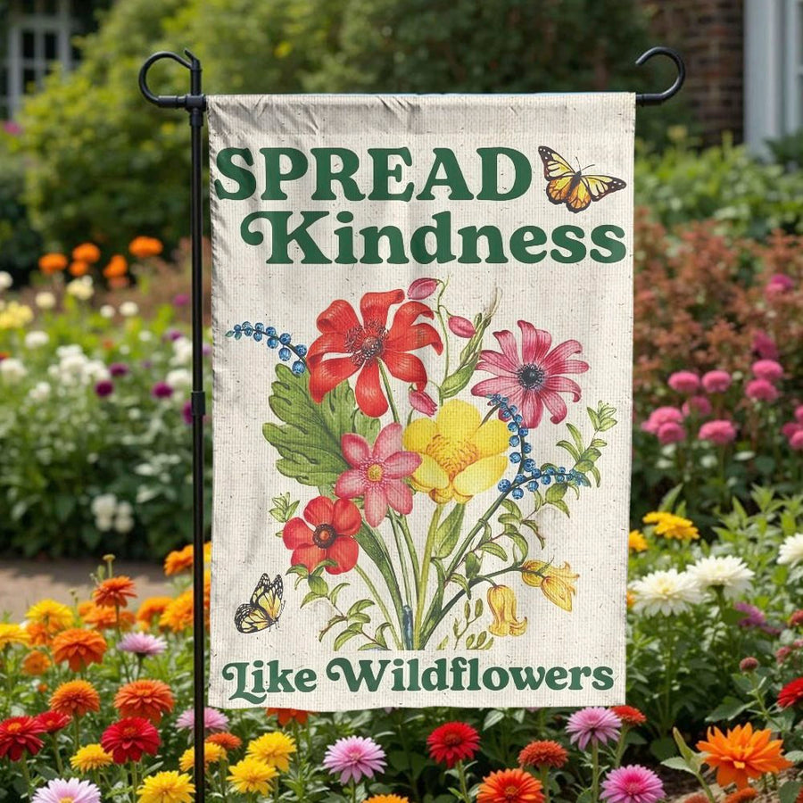 Spread Kindness Garden Flag | Vintage Botanical Wildflower Art | Double Sided Weather-Resistant Fabric | Inspirational Yard Decor Gift for Gardener