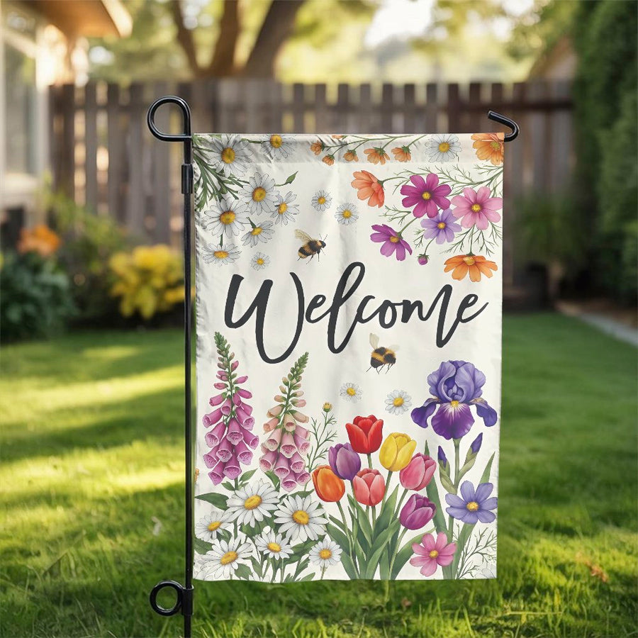 Welcome Garden Flag | Colorful Spring Floral & Bee Print | Premium Weather-Resistant Polyester | Double-Sided Yard Decor Gift for Homeowners