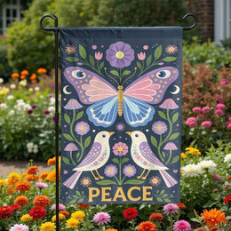 Peace Garden Flag | Boho Butterfly & Birds Folk Art Design | Weather Resistant Polyester | Outdoor Yard & Patio Decor Gift