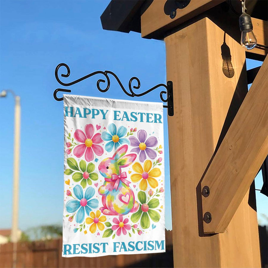 Resist Fascism Easter Garden Flag | Watercolor Bunny & Flowers | Weather-Resistant Double-Sided Print | Progressive Holiday Yard Decor Gift