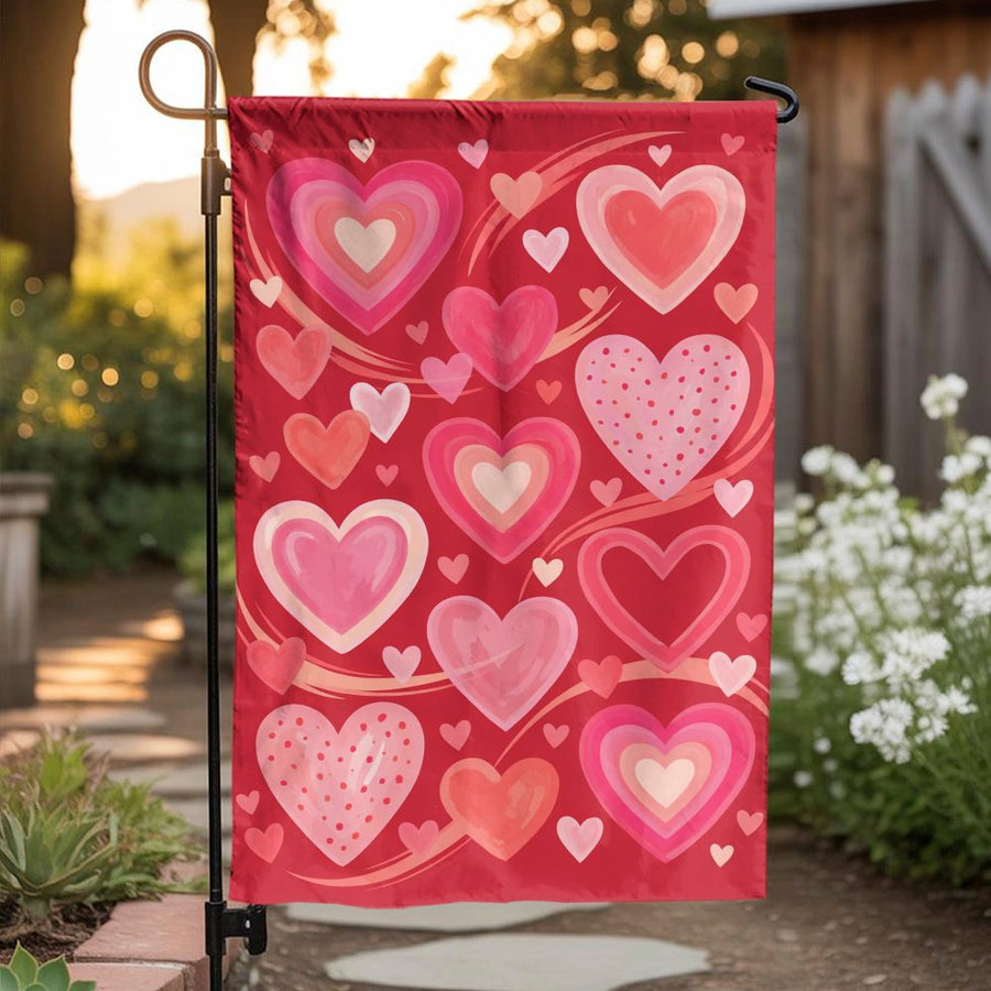 Valentines Day Garden Flag | Watercolor Hearts Pattern | Double-Sided Weather Resistant Fabric | Seasonal Outdoor Decor Gift