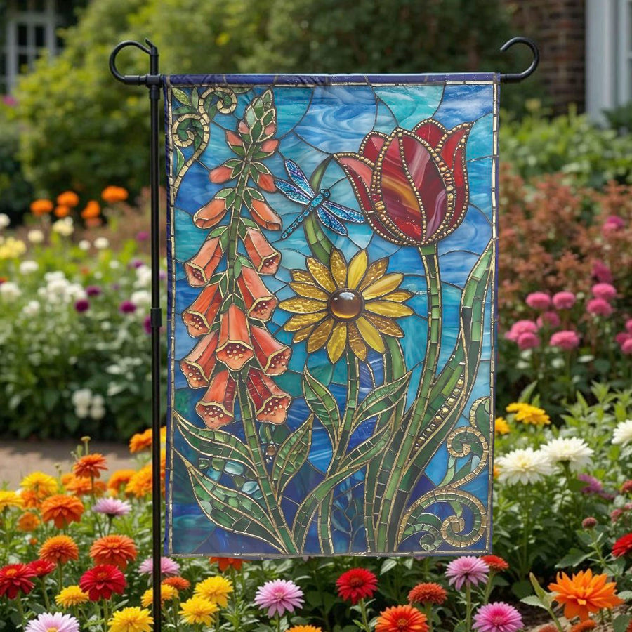 Stained Glass Floral Garden Flag | Vibrant Tulip & Dragonfly Mosaic Art | Double Sided Weatherproof Polyester | Outdoor Decor Gift for Gardener