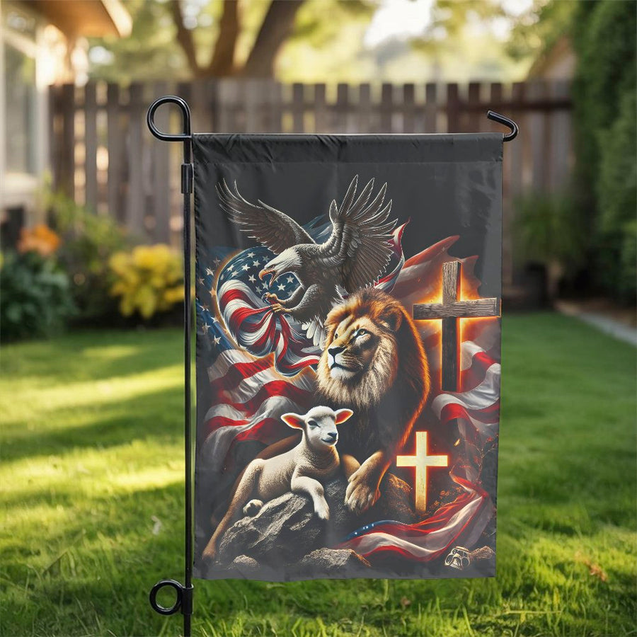 Christian Patriotic Garden Flag | Lion and Lamb with Eagle & Cross | Double Sided Weatherproof Yard Decor | Premium Gift for Christians
