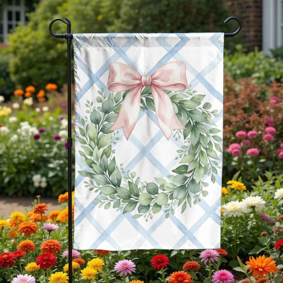 Eucalyptus Wreath Garden Flag | Watercolor Pink Bow on Blue Trellis | Premium Double Sided Fabric | Spring Welcome Decor Gift