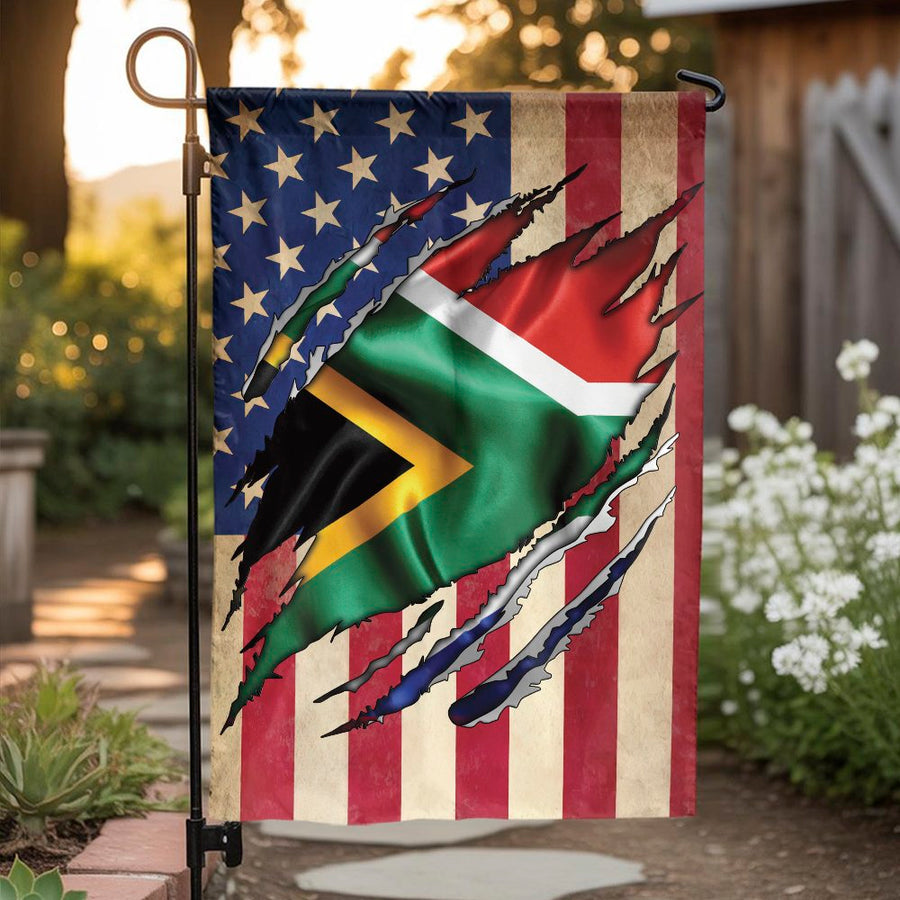 South African American Garden Flag | Dual Heritage Torn Flag Design | Double-Sided Weatherproof Polyester | Premium Gift for South African Immigrant