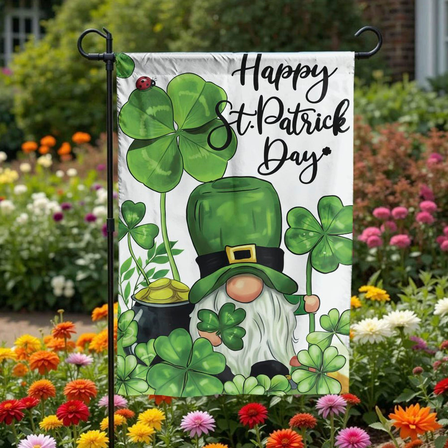 Happy St Patricks Day Garden Flag | Cute Gnome with Shamrocks & Pot of Gold | Double Sided Polyester | Seasonal Outdoor Yard Decor