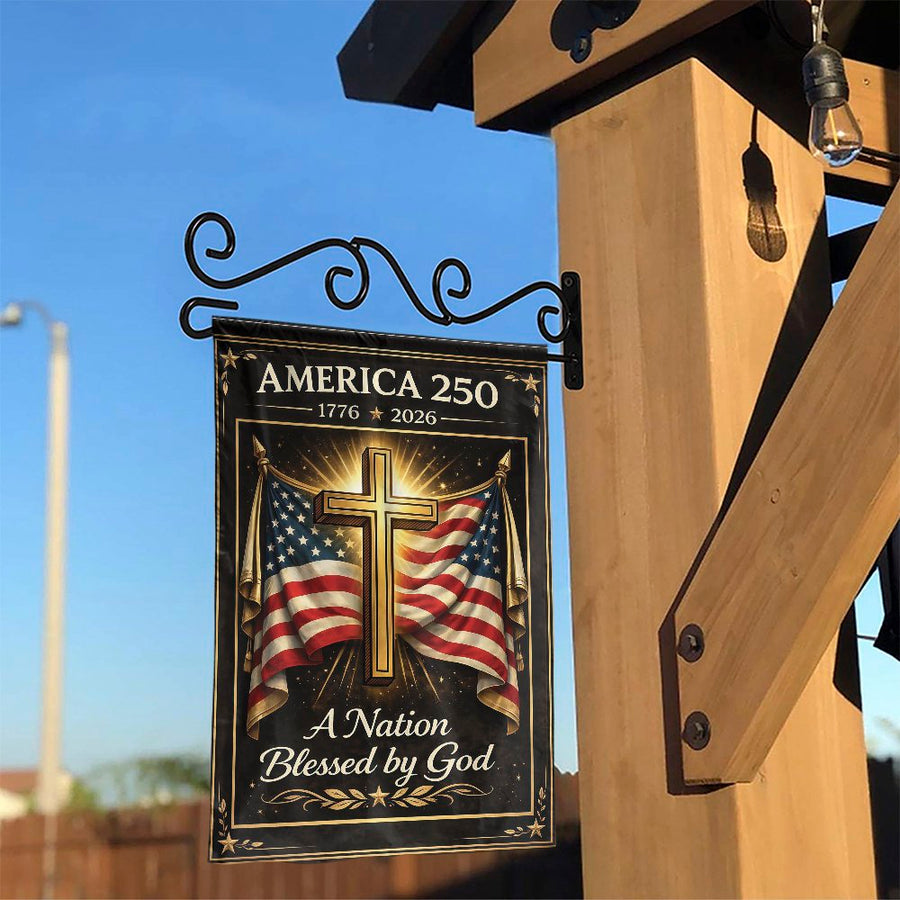 America 250 Garden Flag | Christian Cross & US Flag Design | Weather Resistant Double Sided Polyester | Commemorative Patriotic Gift for Yard Decor