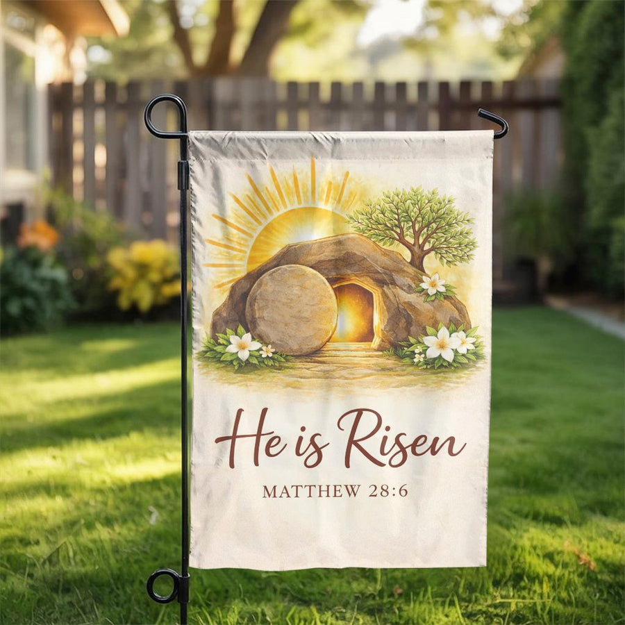 He Is Risen Garden Flag | Christian Empty Tomb Watercolor Art | Weather Resistant Outdoor Decor | Religious Easter Yard Gift