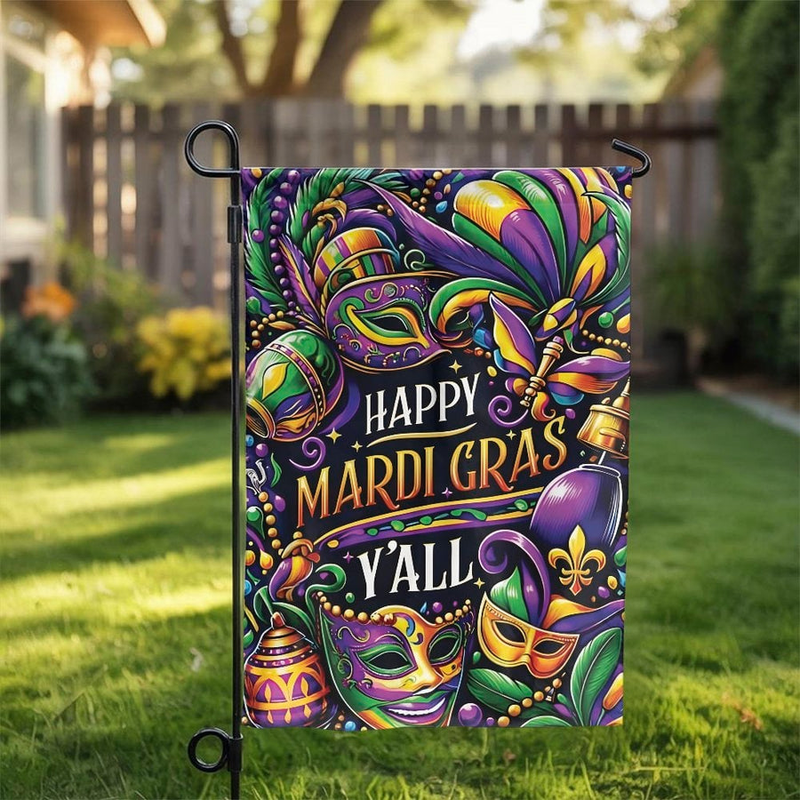 Happy Mardi Gras Garden Flag | Masquerade Mask and Beads Design | Double-Sided Polyester | Fat Tuesday Outdoor Decor Gift