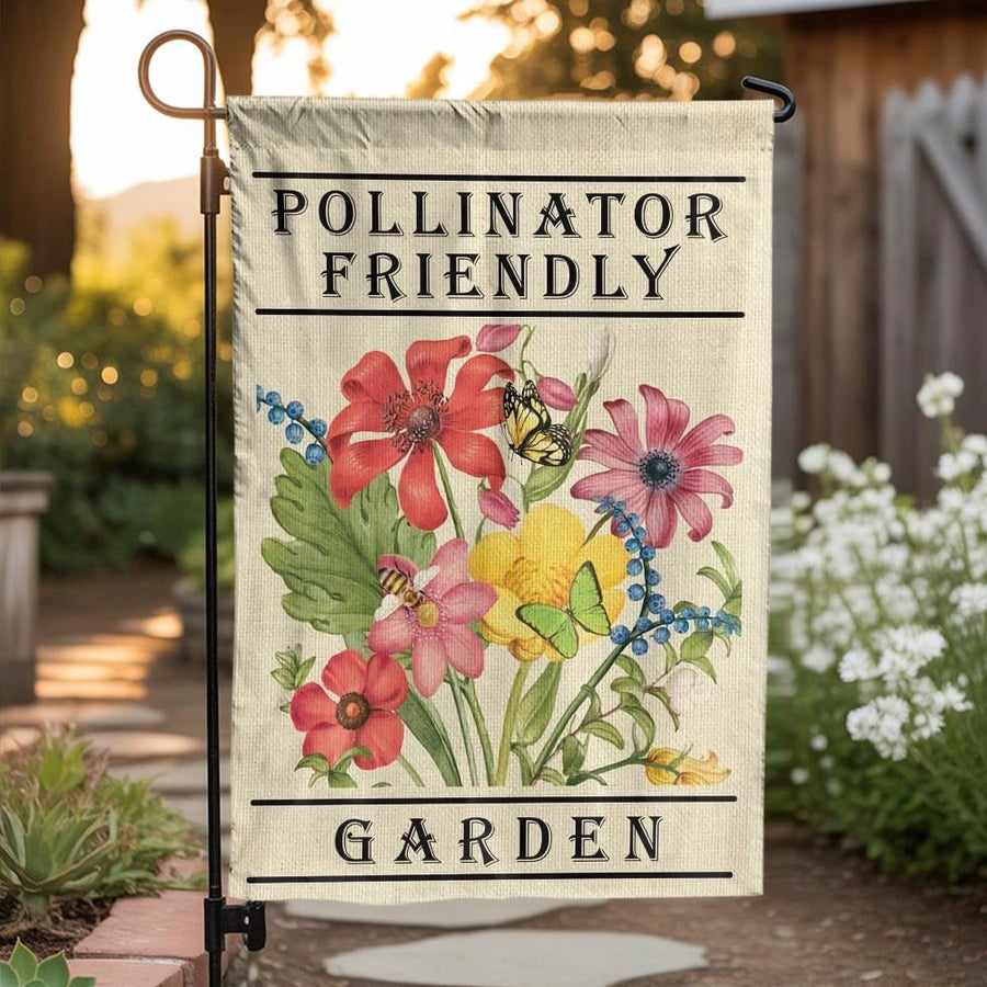 Pollinator Friendly Garden Flag | Vintage Botanical Wildflower Print with Bees & Butterflies | Weather Resistant Double Sided Banner | Yard Decor Gift for Gardener