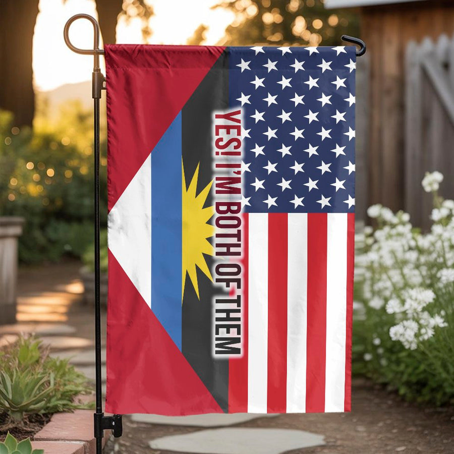 Antiguan American Garden Flag | Split USA & Antigua Heritage Design | Double-Sided Weather-Resistant Fabric | Patriotic Yard Decor Gift for Dual Citizens