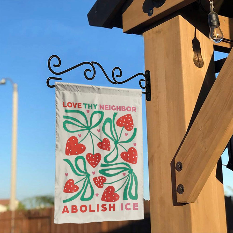Abolish Ice Garden Flag | Love Thy Neighbor Heart Design | Double Sided Weather Resistant Fabric | Progressive Political Yard Decor Gift