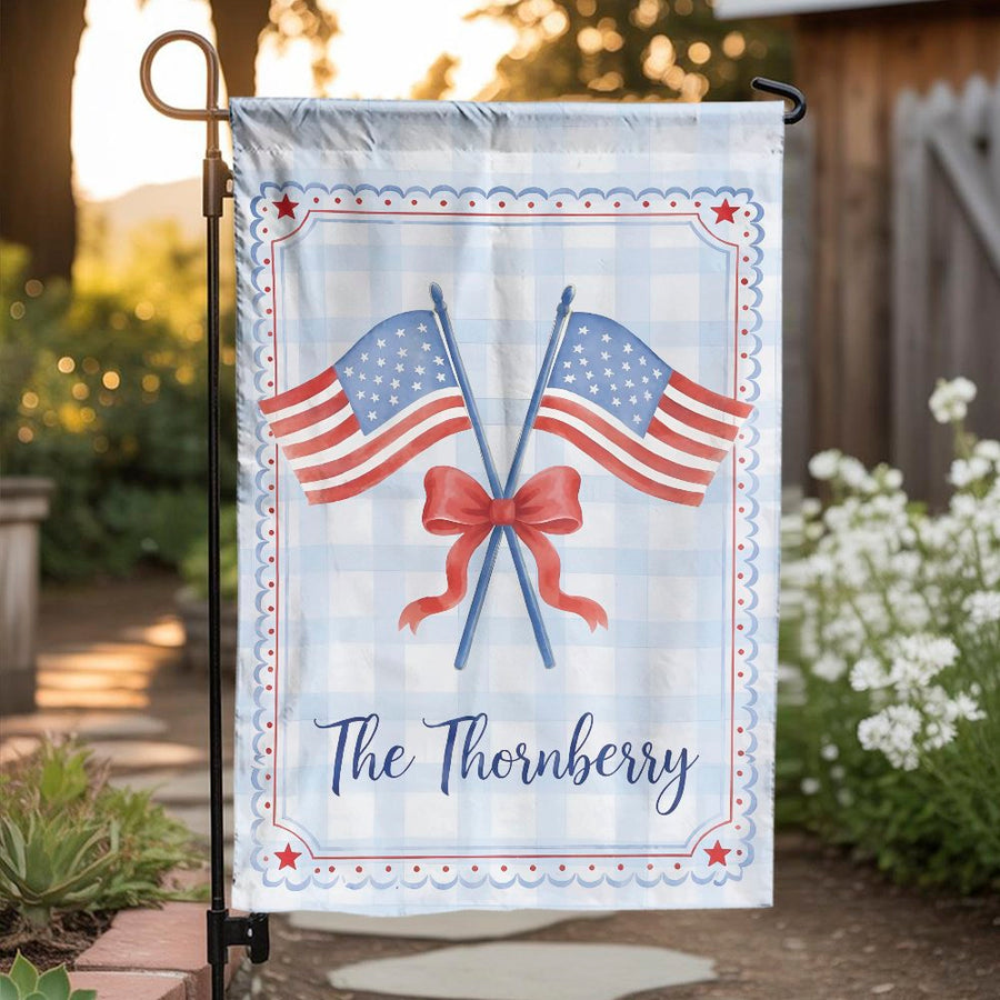 Patriotic Garden Flag | Watercolor American Flags on Gingham | Premium Weatherproof Polyester | 4th of July Outdoor Decor Gift