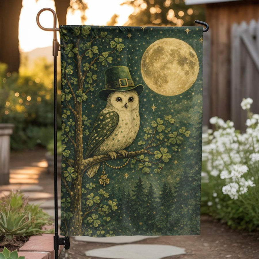 St. Patrick's Day Garden Flag | Whimsical Owl in Leprechaun Hat | Double-Sided Weatherproof Polyester | Seasonal Irish Yard Decor Gift