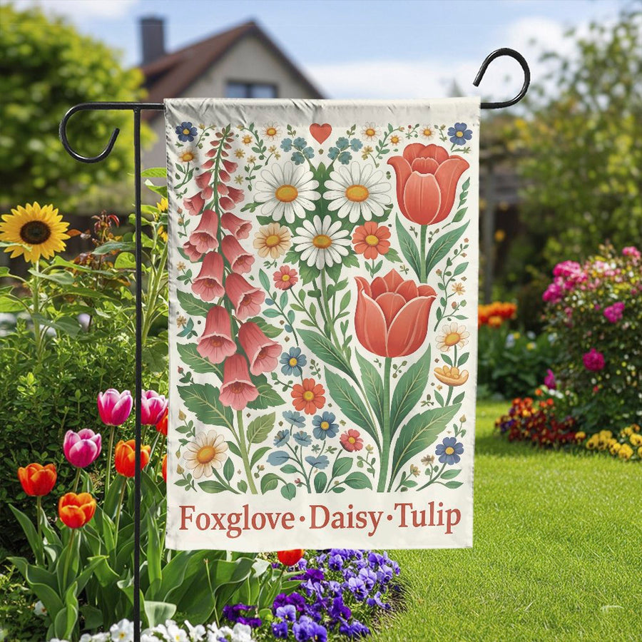 Vintage Floral Garden Flag | Double Sided Botanical Illustration with Foxglove & Tulip | Weather Resistant Polyester | Spring Welcome Sign & Gardener Gift for Farmhouse Decor
