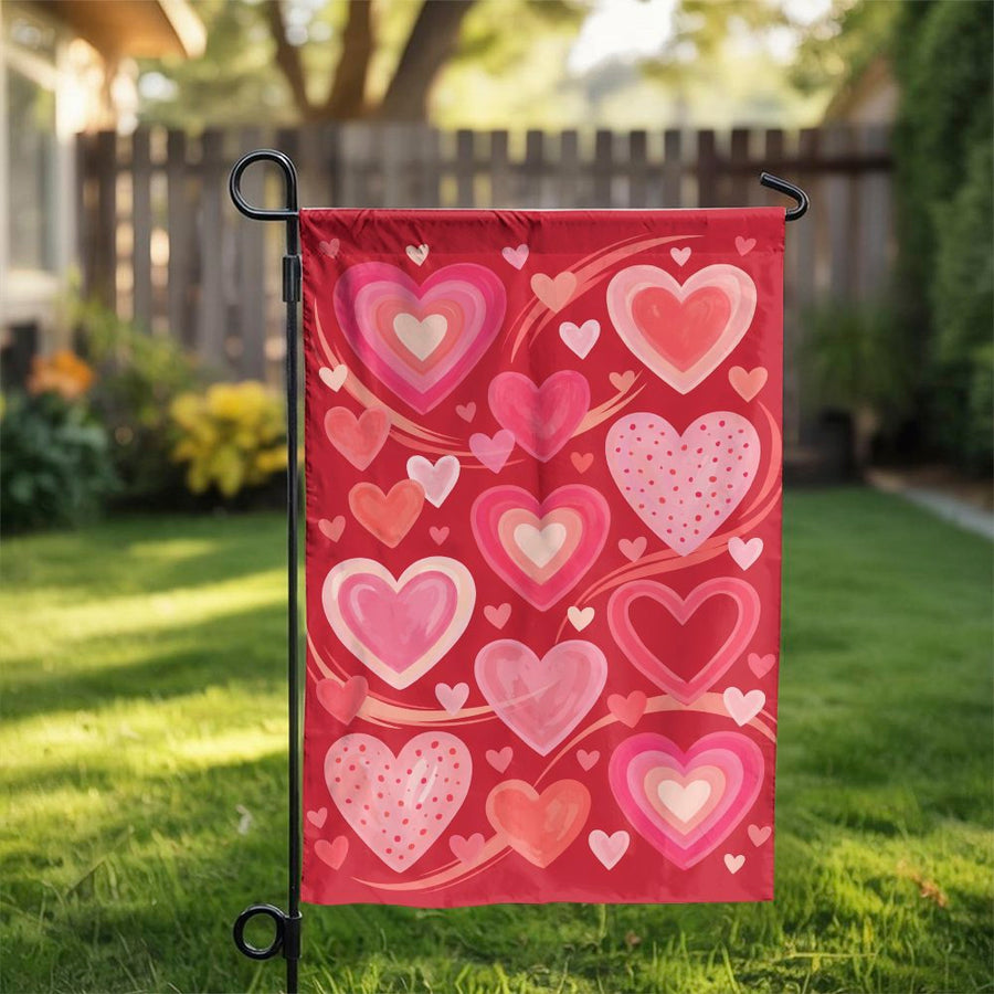 Valentines Day Garden Flag | Watercolor Hearts Pattern | Double-Sided Weather Resistant Fabric | Seasonal Outdoor Decor Gift