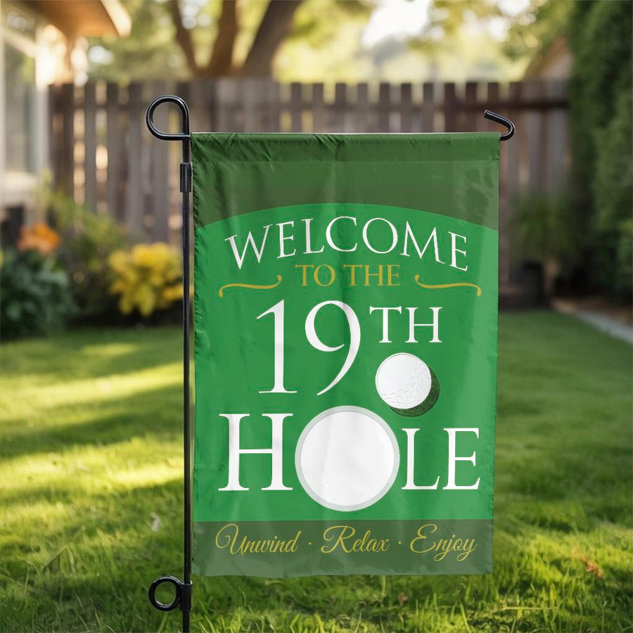 Welcome to the 19th Hole Garden Flag | Double Sided Golf Theme Welcome Sign | Weather Resistant Polyester | Outdoor Decor Gift for Golfer