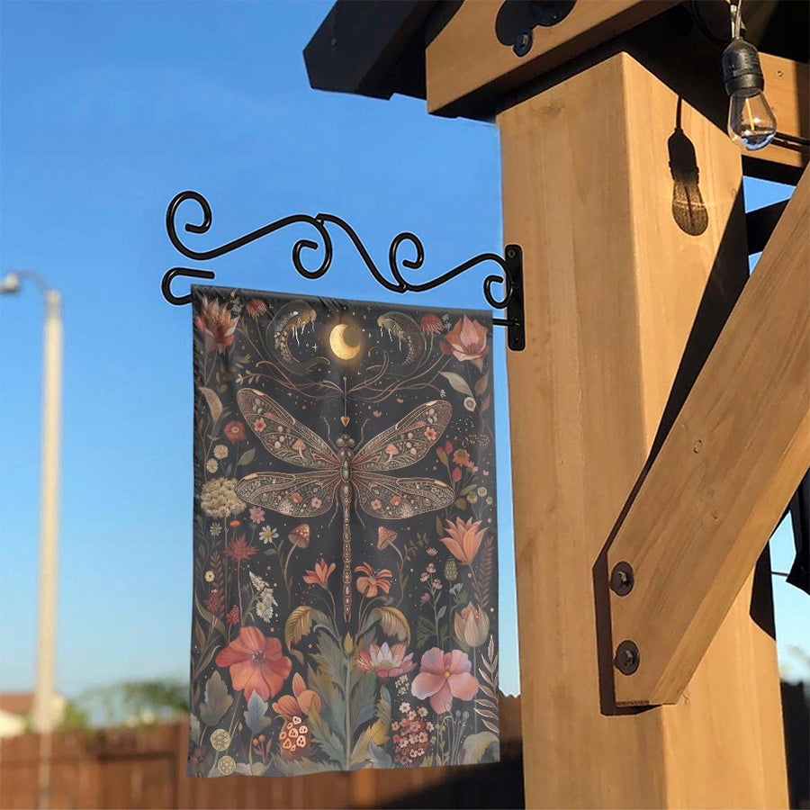 Mystical Dragonfly Garden Flag | Boho Floral Moon Illustration | Double Sided Weather Resistant | Outdoor Yard & Patio Decor Gift