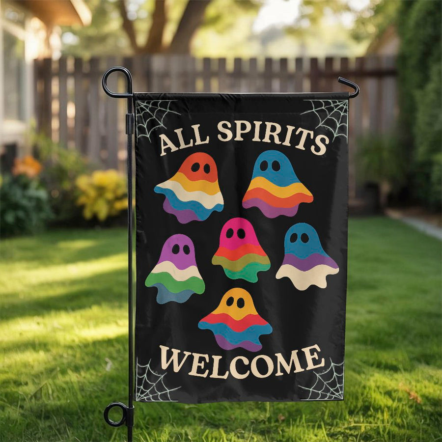 All Spirits Welcome Garden Flag | Cute Rainbow Ghost Design | Double-Sided Weather Resistant | Outdoor Halloween Yard Decor Gift