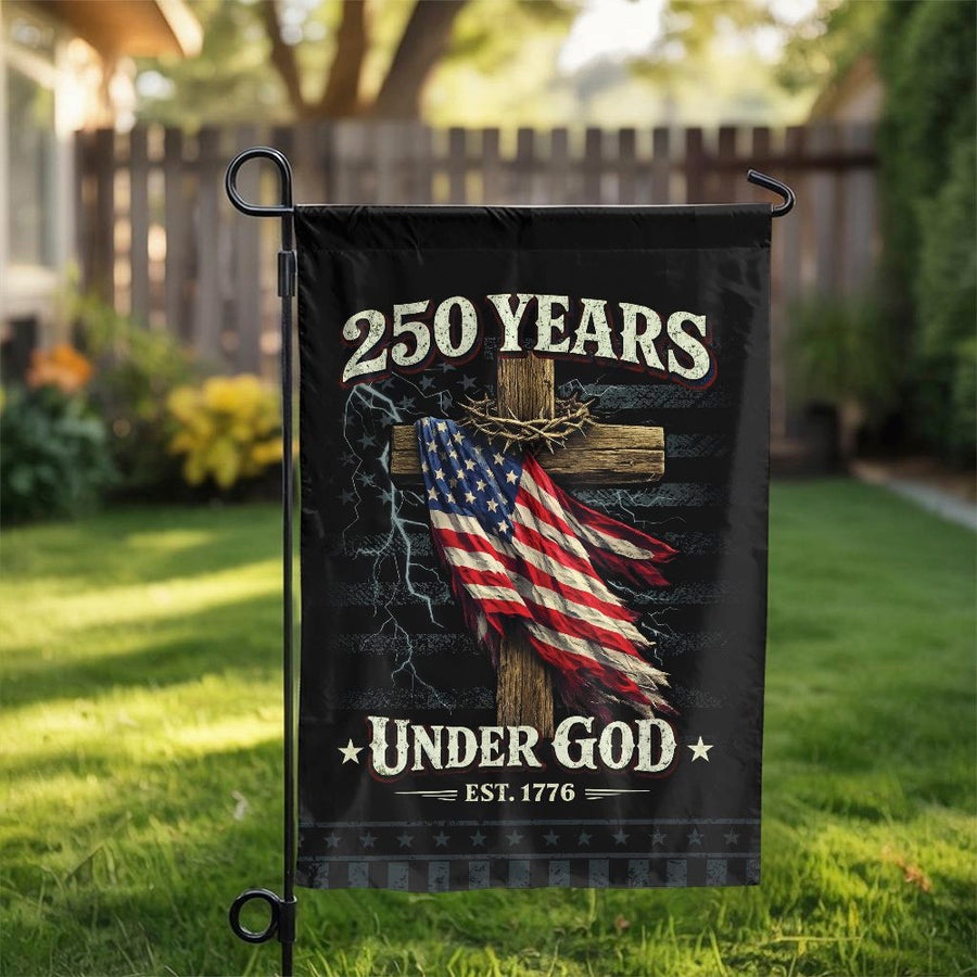 Patriotic Christian Garden Flag | Under God Cross & US Flag Design | Double Sided Weather Resistant | 250th Anniversary USA Yard Decor Gift