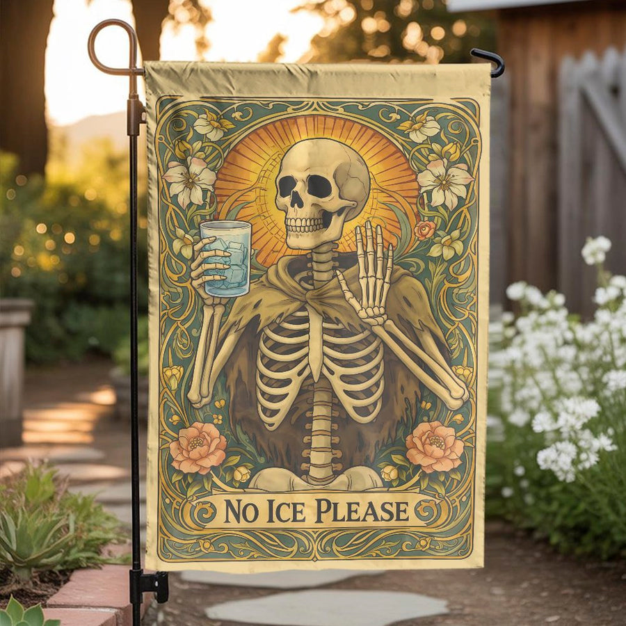 Funny Skeleton Garden Flag | Art Nouveau 'No Ice Please' Design | Weather Resistant Double Sided Polyester | Unique Gothic Yard Art & Bartender Gift