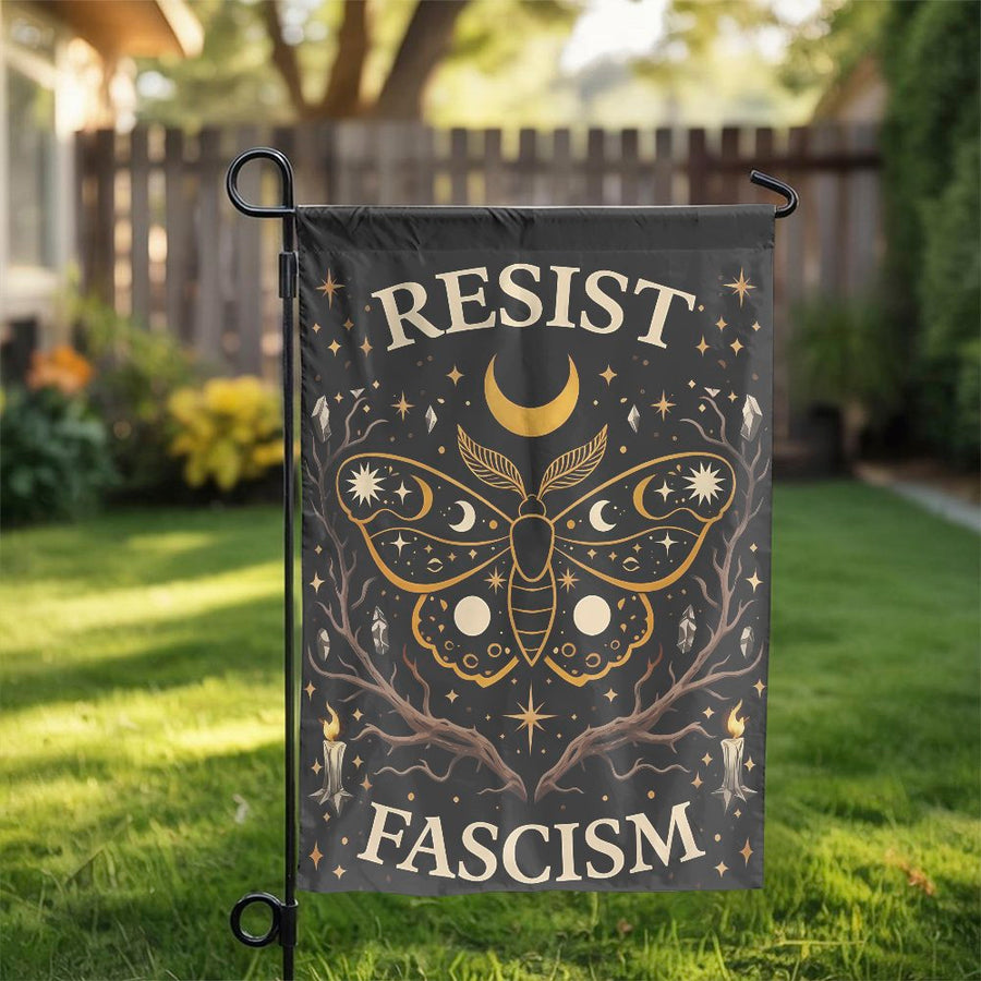 Resist Fascism Garden Flag | Mystical Celestial Moth Art | Double Sided Polyester | Political Activist Gift & Yard Decor