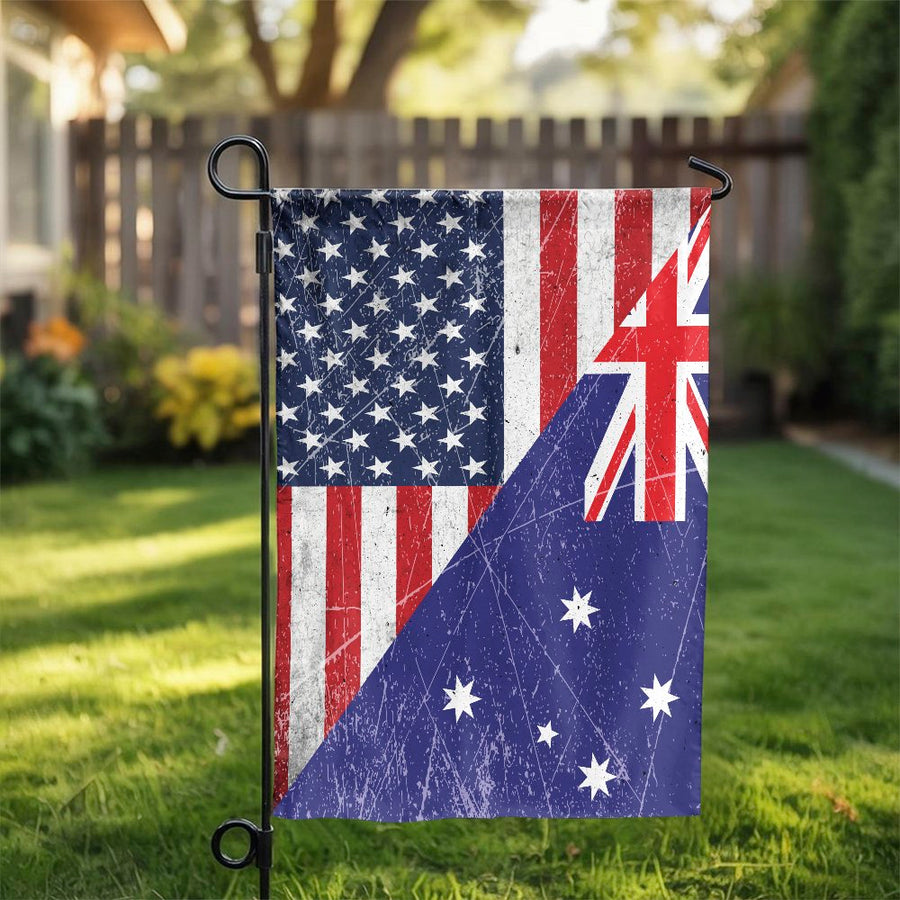 American Australian Friendship Garden Flag | Vintage US and AUS Split Flag Design | Double-Sided Weather Resistant Banner | Patriotic Yard Decor Gift