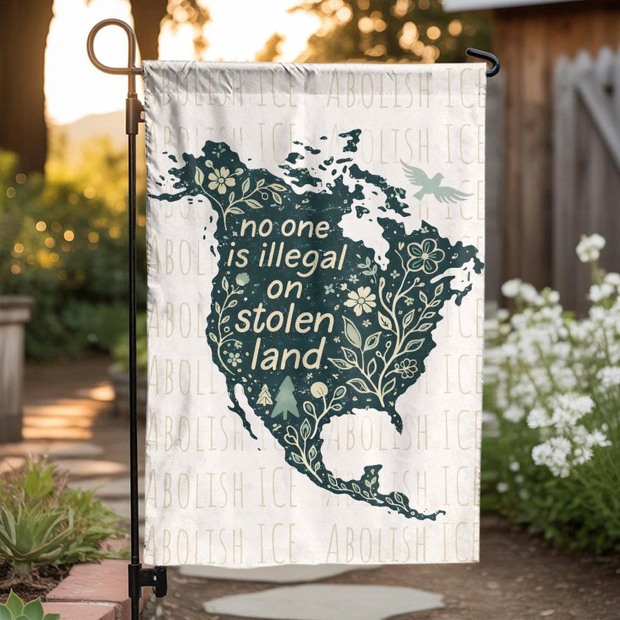 No One Is Illegal Garden Flag | Floral North America Map Art | Weather Resistant Double Sided Banner | Social Justice Activist Gift