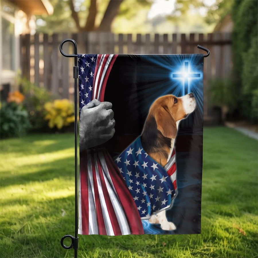 Patriotic Beagle Garden Flag | Beagle with American Flag and Cross | Weather-Resistant Double Sided | Patriotic Gift for Beagle Owner