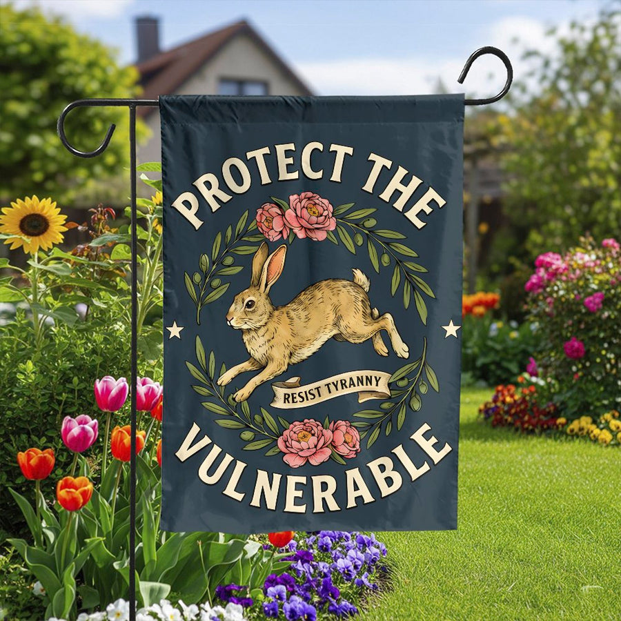 Protect The Vulnerable Garden Flag | Vintage Rabbit & Floral Wreath Art | Double Sided Weather-Resistant Polyester | Activist Yard Decor Gift