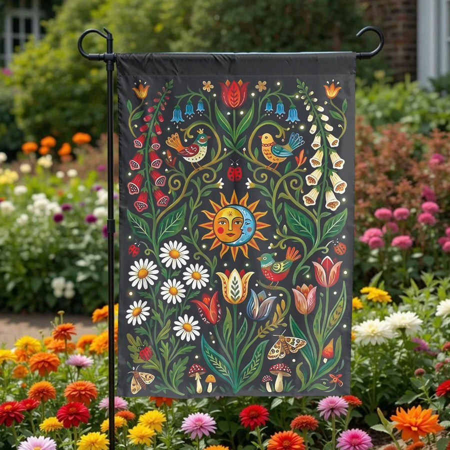 Folk Art Garden Flag | Celestial Sun Moon & Wildflower Design | Double Sided Weatherproof Fabric | Premium Yard Decor Gift