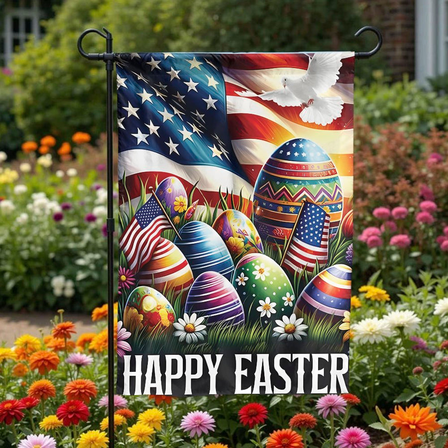 Patriotic Easter Garden Flag | American Flag with Painted Eggs & Dove | Double Sided Weatherproof Fabric | Spring Holiday Yard Decor