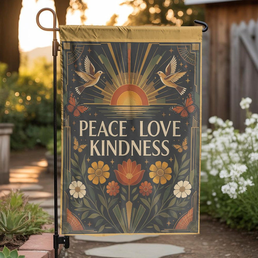 Peace Love Kindness Garden Flag | Retro Art Deco Double Sided Print | Premium Weather-Resistant Polyester | Outdoor Yard & Patio Decor Gift