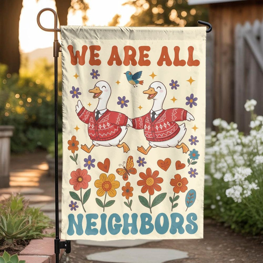 We Are All Neighbors Garden Flag | Retro Cartoon Ducks & 70s Floral Art | Weather-Resistant Double-Sided Fabric | Outdoor Yard Decor & Housewarming Gift