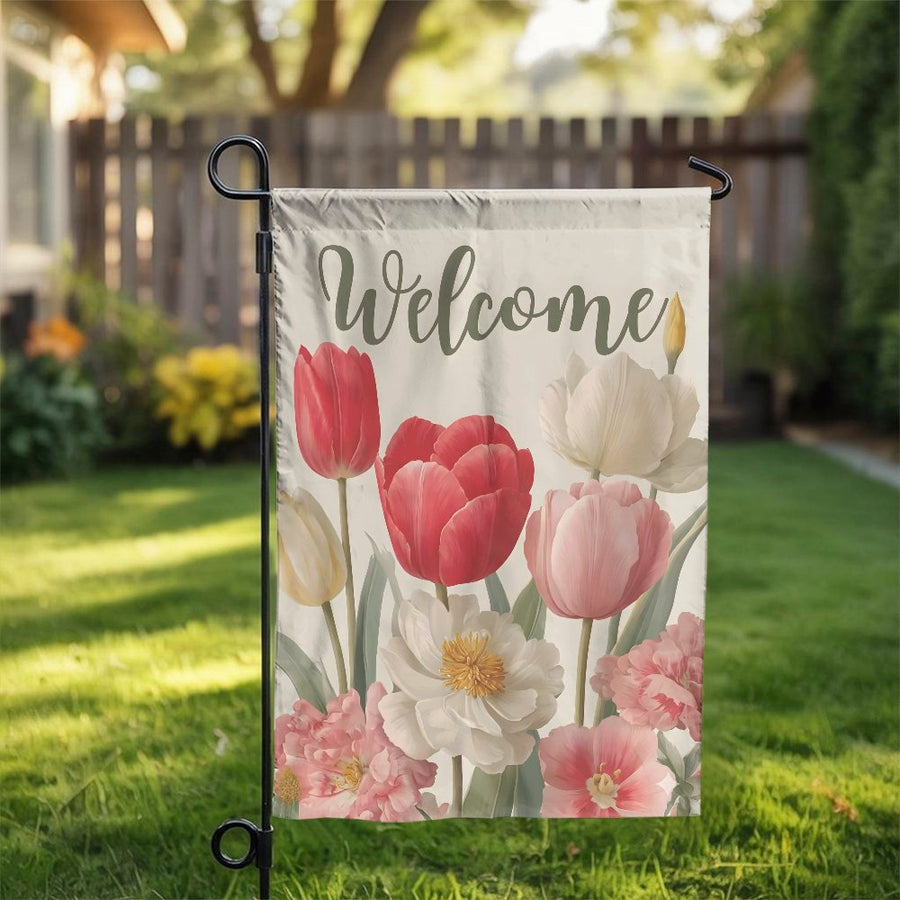 Welcome Garden Flag | Vintage Tulip and Peony Illustration | Double Sided Premium Fabric | Spring Porch Decor Gift for Homeowners
