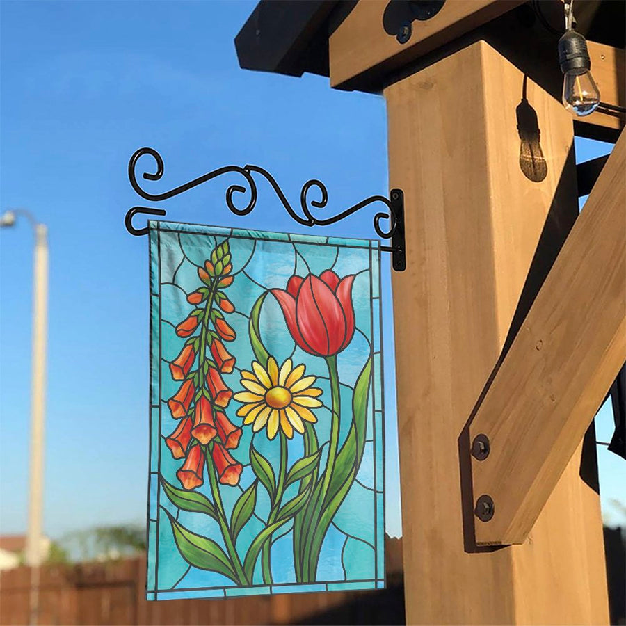 Floral Garden Flag with Stained Glass Art | Vibrant Tulip & Daisy Design | Premium Weather-Resistant Fabric | Double Sided Yard Decor Gift for Gardeners