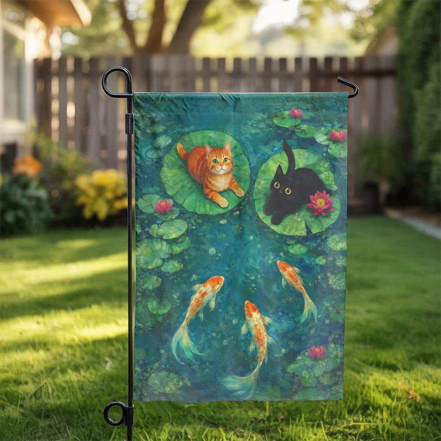 Cat and Koi Pond Garden Flag | Whimsical Watercolor Art | Weather Resistant Polyester | Outdoor Yard Decor Gift for Cat Lover