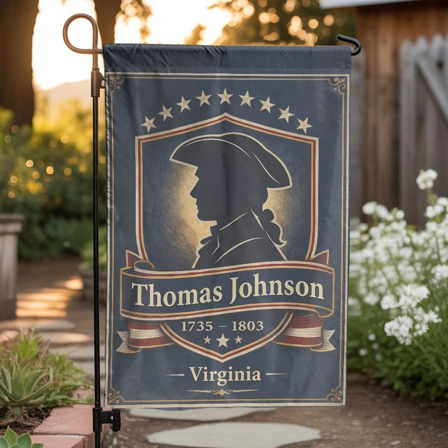 Thomas Johnson Garden Flag | Virginia Founding Father Silhouette | Double Sided Premium Fabric | Collector's Patriotic Yard & Home Decor