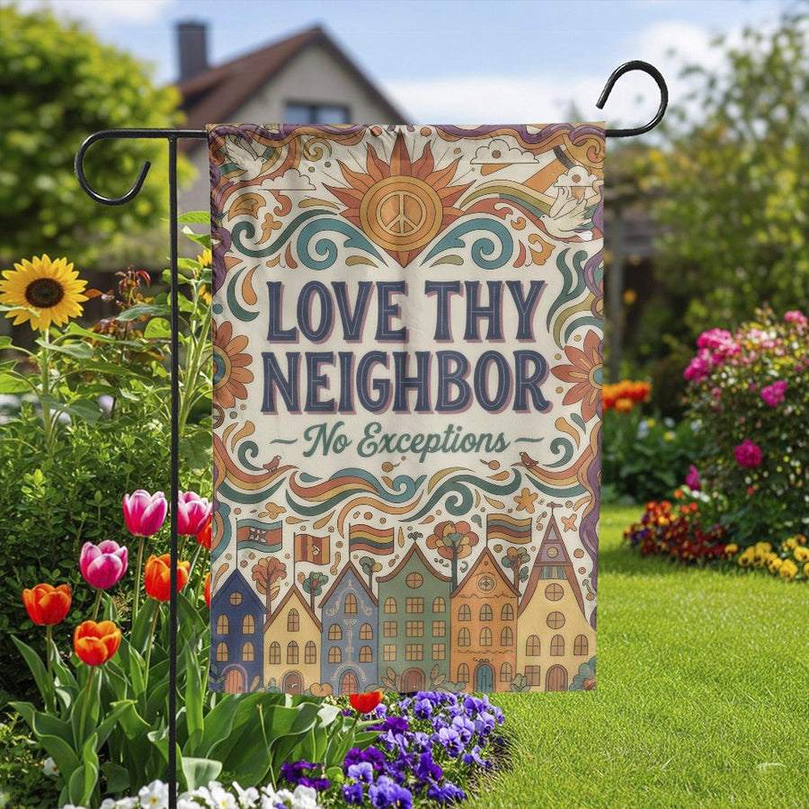 Love Thy Neighbor Garden Flag | Vintage 70s Hippie Welcome Sign | Double Sided Weather Resistant | Premium Inclusive Porch Decor Gift