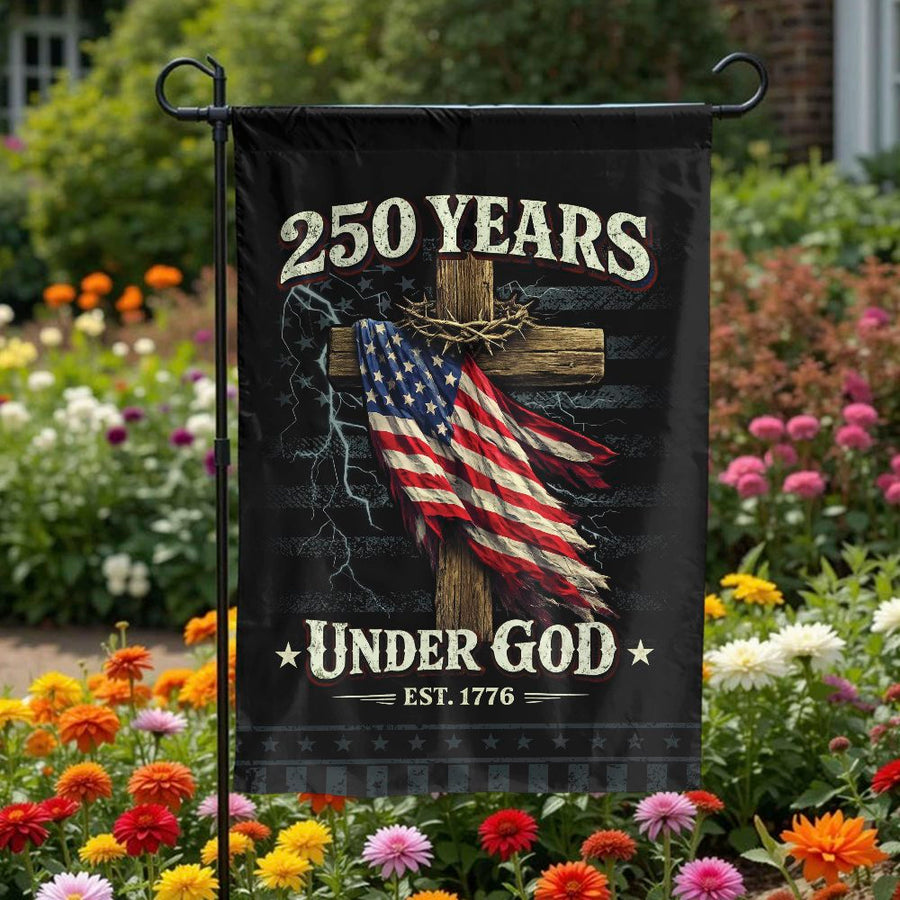 Patriotic Christian Garden Flag | Under God Cross & US Flag Design | Double Sided Weather Resistant | 250th Anniversary USA Yard Decor Gift