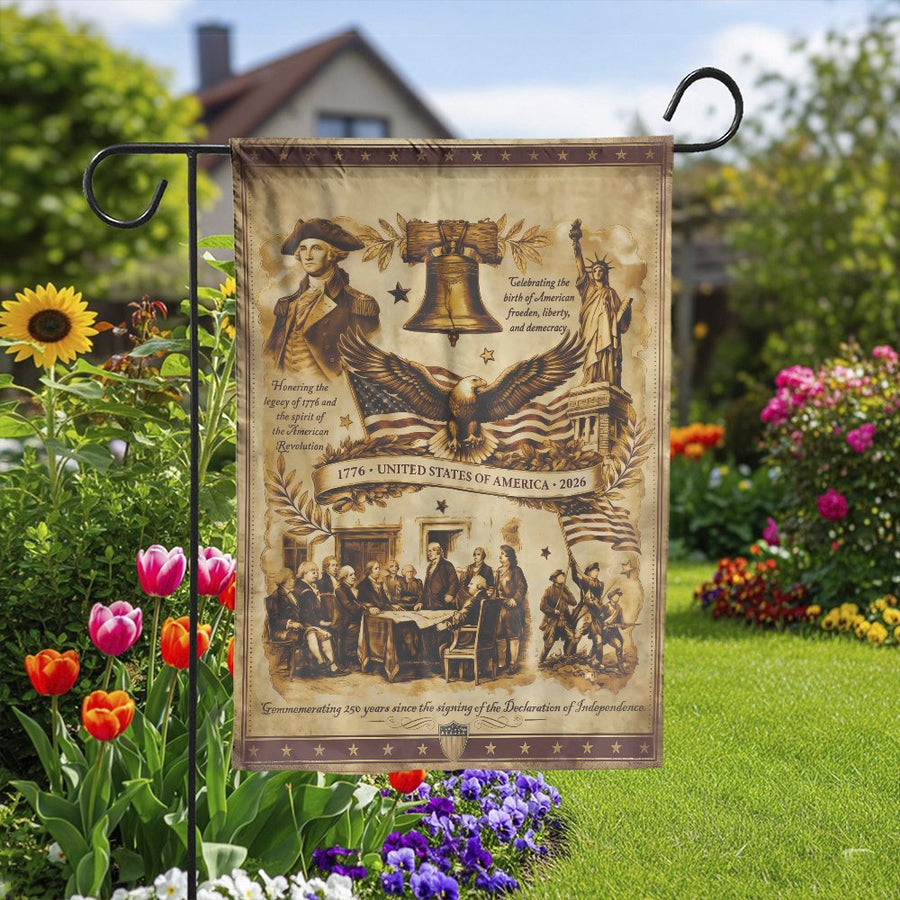 America 250th Anniversary Garden Flag | Vintage 1776 Patriotic Collage | Double Sided Weatherproof Polyester | Commemorative US History Yard Decor Gift