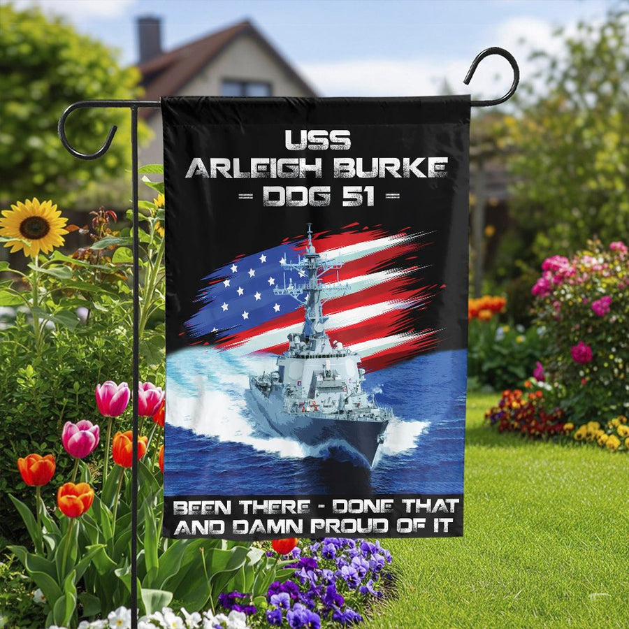 USS Arleigh Burke DDG 51 Garden Flag | Patriotic Navy Destroyer Design | Double Sided Weatherproof Banner | Gift for US Navy Veteran