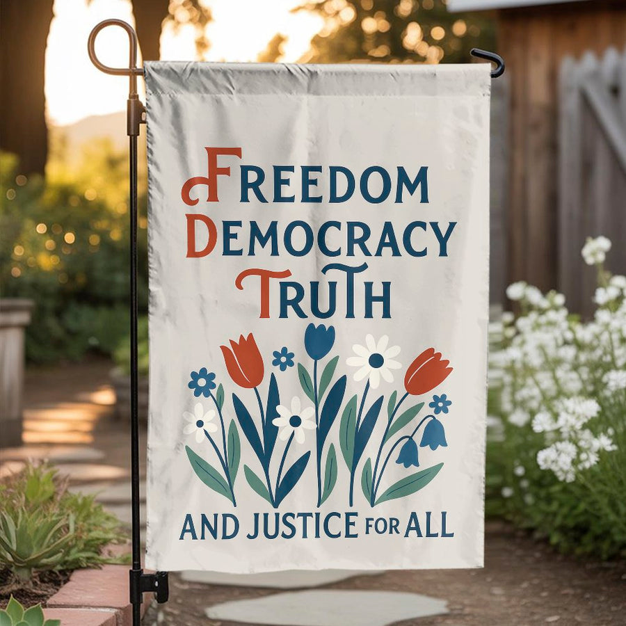 Freedom and Democracy Garden Flag | Retro Floral Justice Quote | Premium Weatherproof Polyester | Inspirational Yard Decor Gift